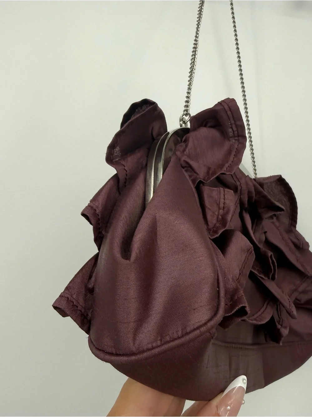 BCBGirls Purple Ruffle Clutch Purse Chain Strap Evening Bag Y2k Style